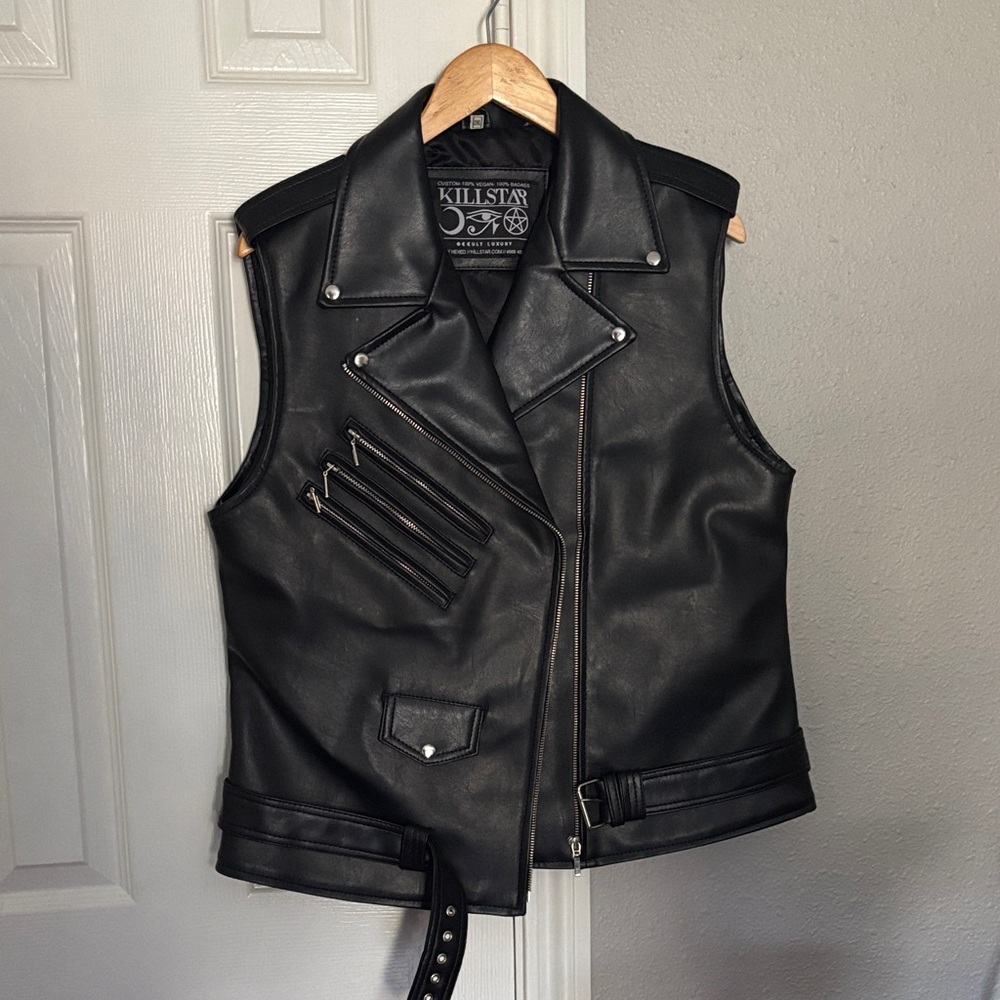 Killstar Black Faux Leather Moto Biker Vest Size 2XL